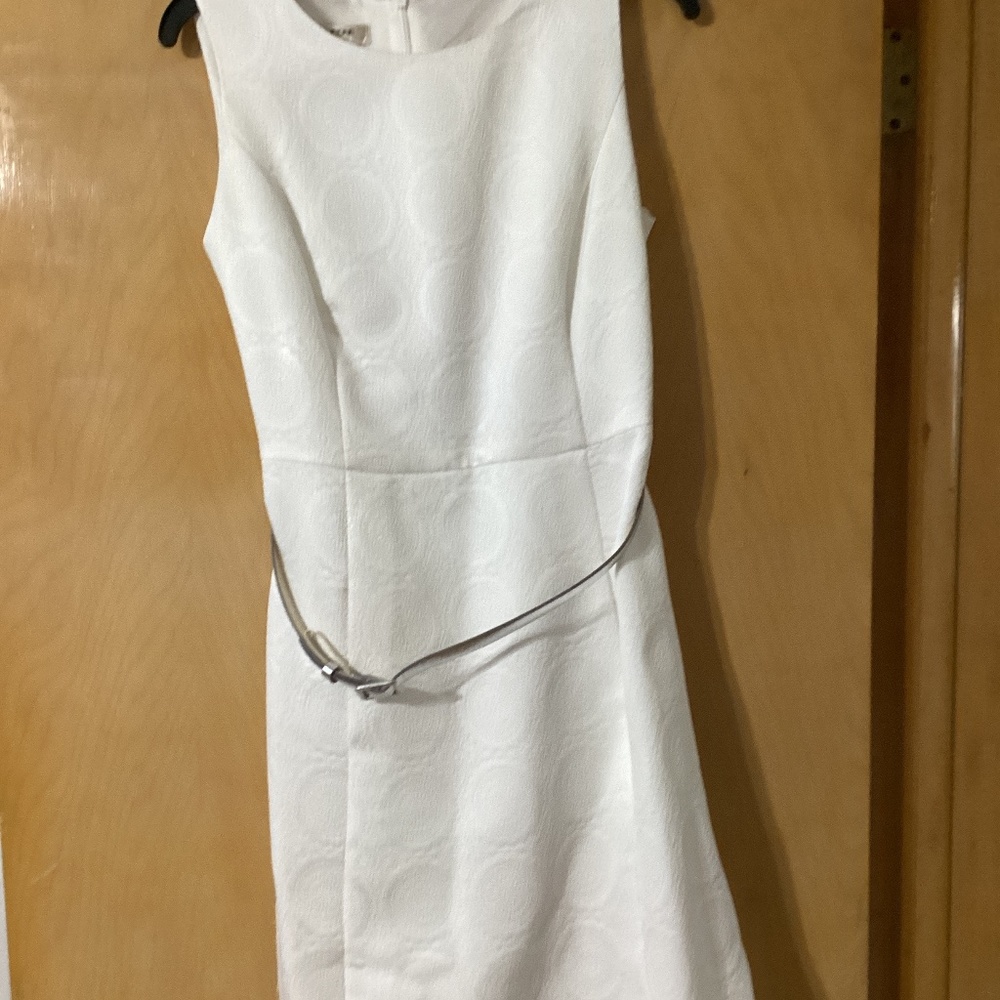 Evan-Picone size 10 white dress with back zipper, pockets, silver belt.  Unlined